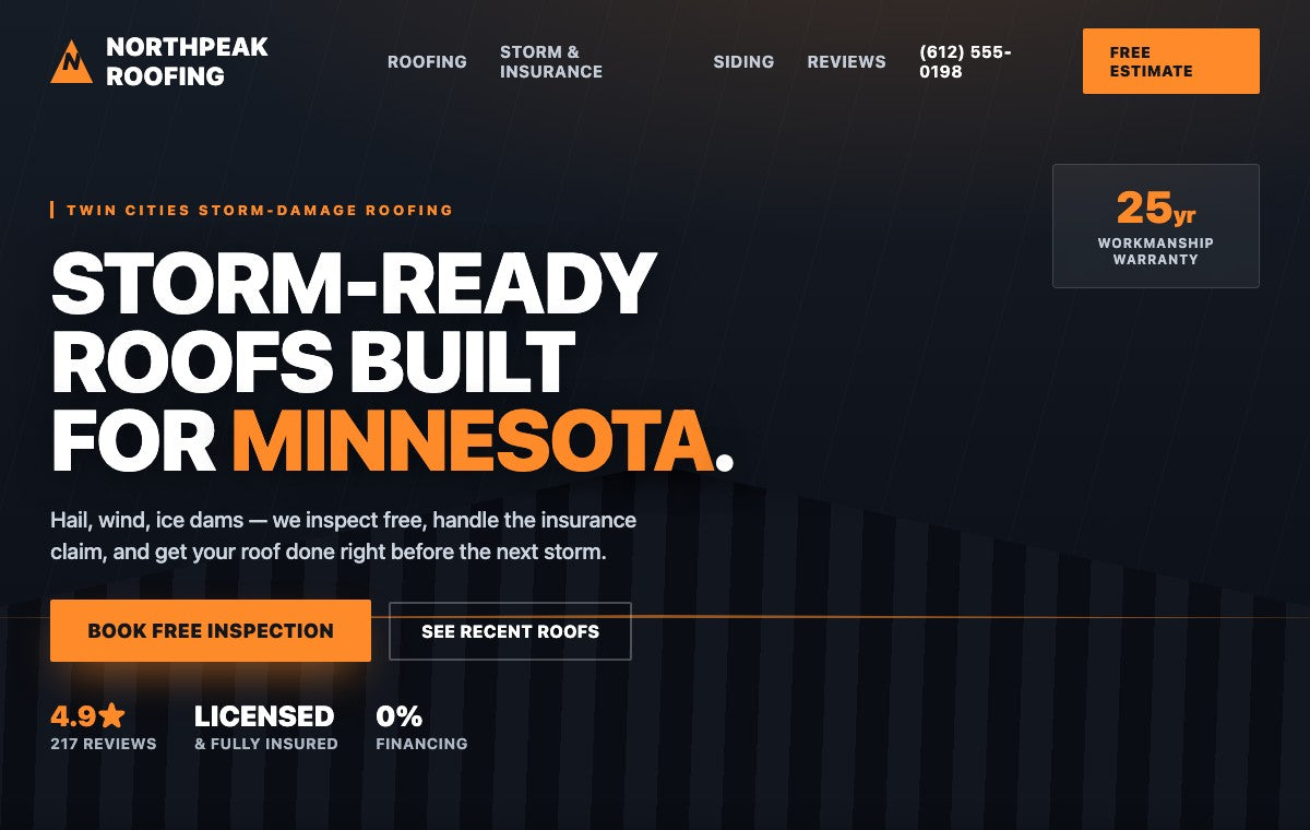 A modern roofing website — an example of the sites MPLS Web Design builds