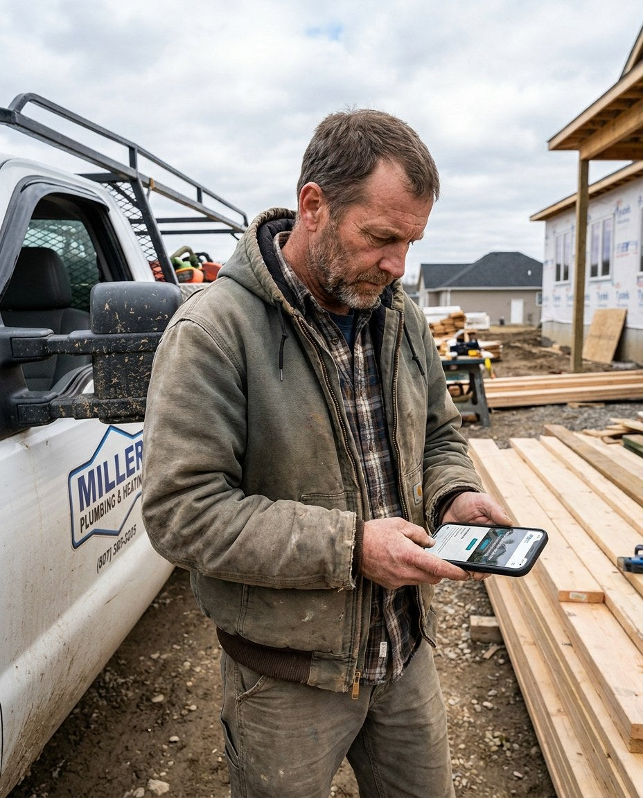 A Twin Cities trade business owner checking his website on the jobsite